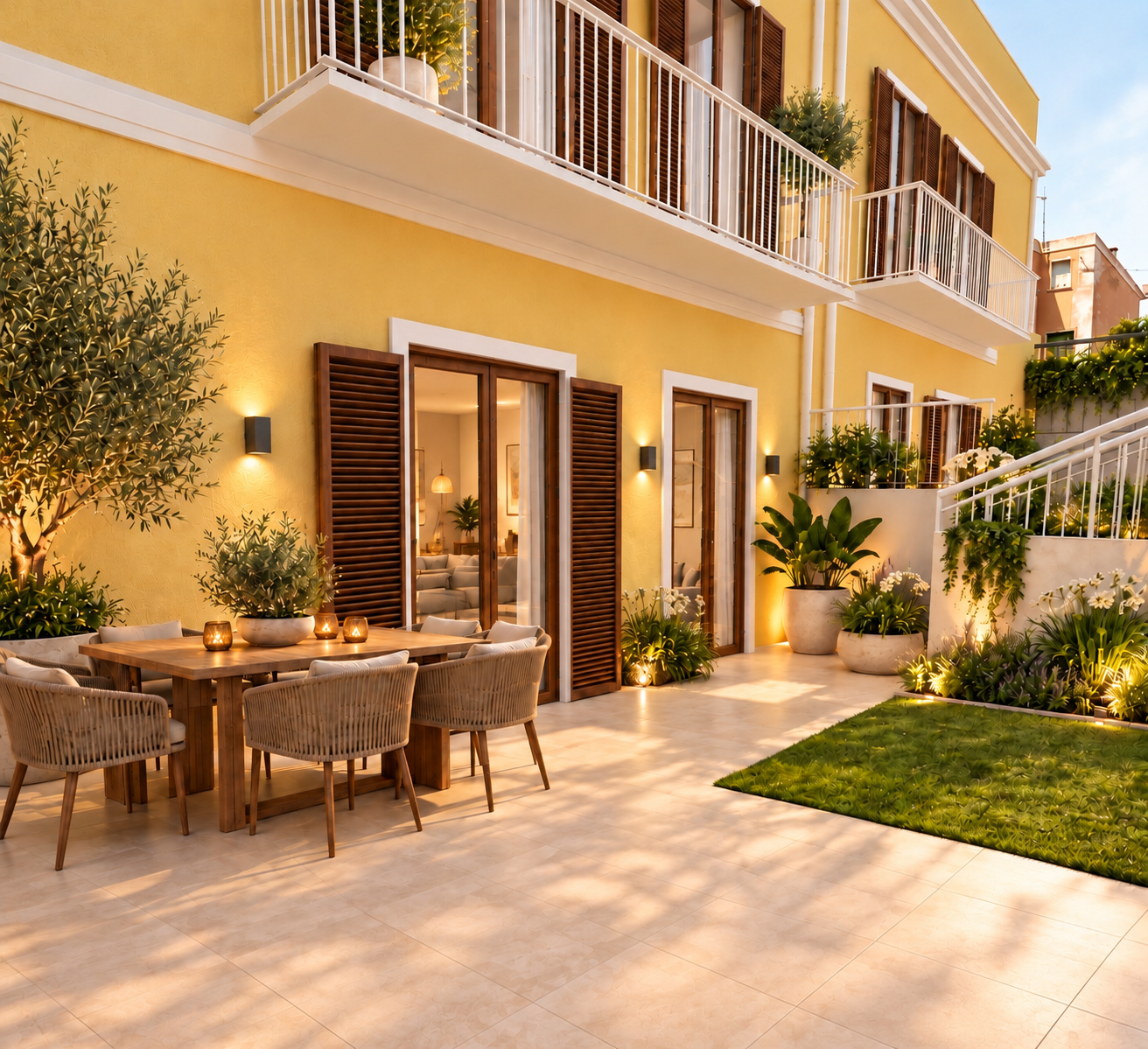 Giardino privato mediterraneo arredato con tavolo, sedute e vegetazione